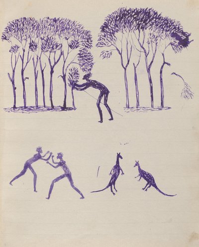 Kwatkwat people - (Aboriginal hiding in trees; fight; fighting kangaroos) Sketchbook mainly of activities of Aboriginals by Tommy McRae